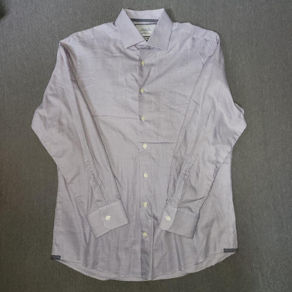 Charles Tyrwhitt Mens 16/34 Slim Fit Purple Micro Check Dress Shirt Long Sleeve